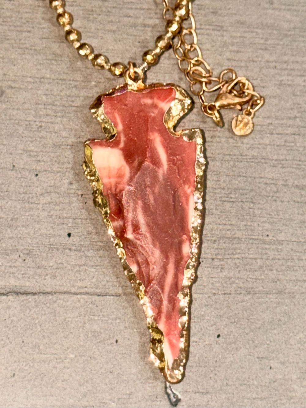 Vintage Gold-Edged Pink Arrowhead Pendant Necklace